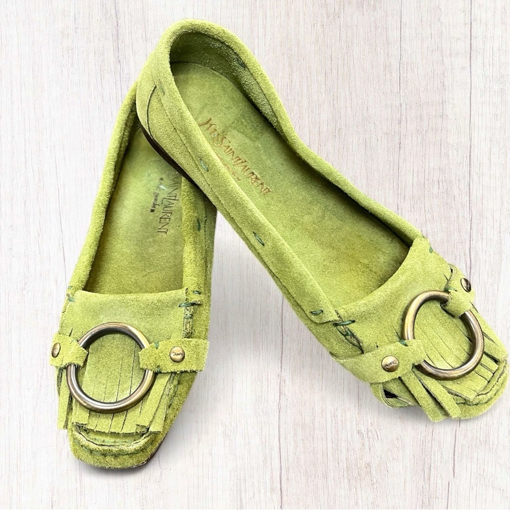 EUC YSL Green Suede Moccasin Flats with Btonze Metal detail - EU Size 38